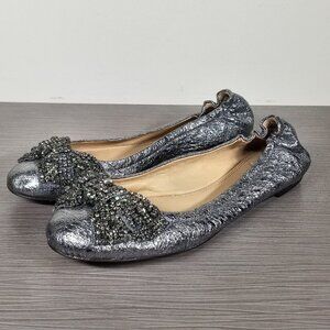 Tory Burch Eddie Crystal Bow Ballet Flat, Silver Leather, Womens Size 8 M
